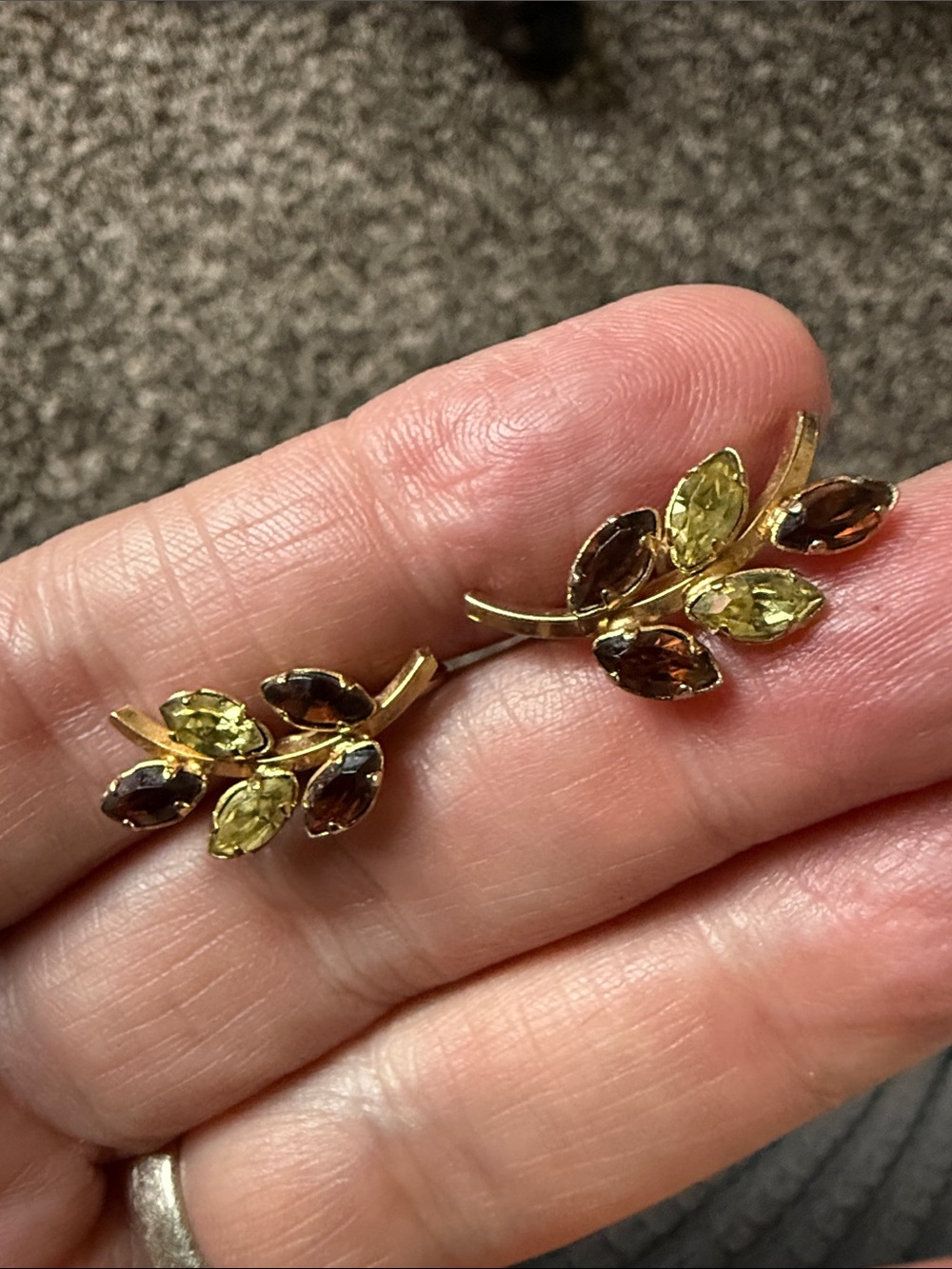 Signed vintage Gold filled Leaf Cluster Earrings with Olive and Amber Stones
